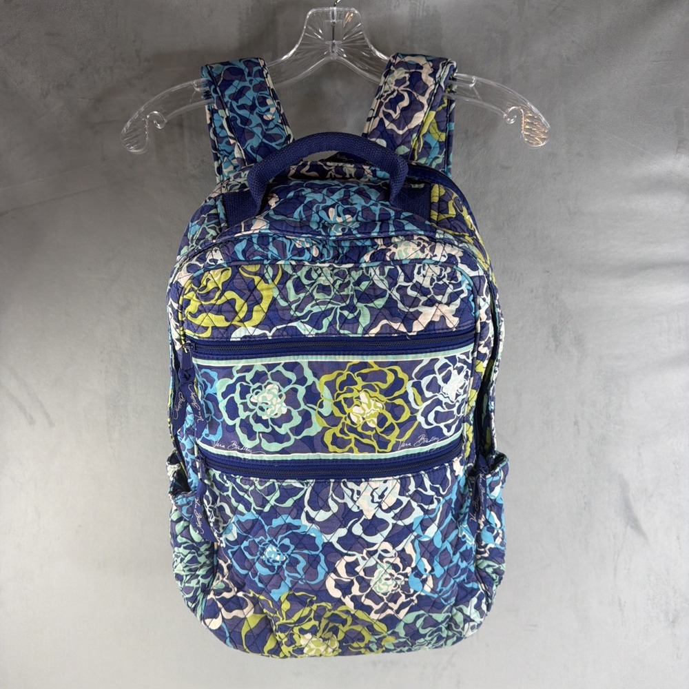 Vera Bradley Backpack Blue Green Floral Quilted Campus School Travel Bag - Picture 6 of 11